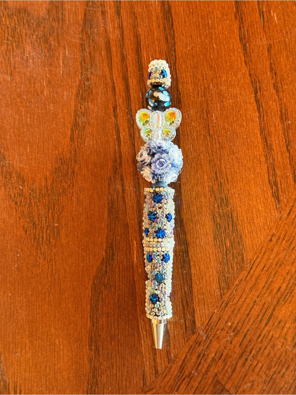 Hand-Embellished Blue Crystal Flower Pen